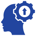 Blue silhouette with gear and arrow icon.
