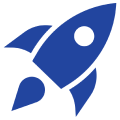 Blue rocket icon on black background.