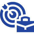 Blue target and briefcase icon on black.