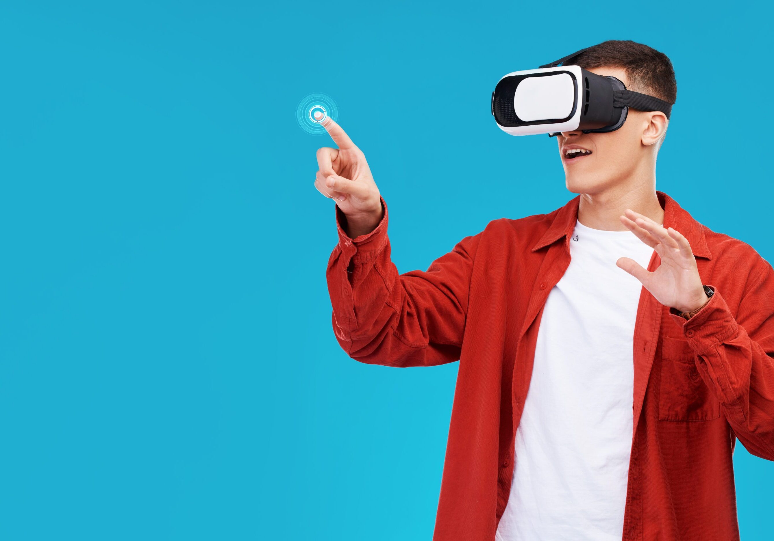 Man, press and VR or futuristic glasses for education, 3d software or gaming in studio metaverse. Student in virtual reality, touch glow and fingerprint hologram on a blue background and banner space
